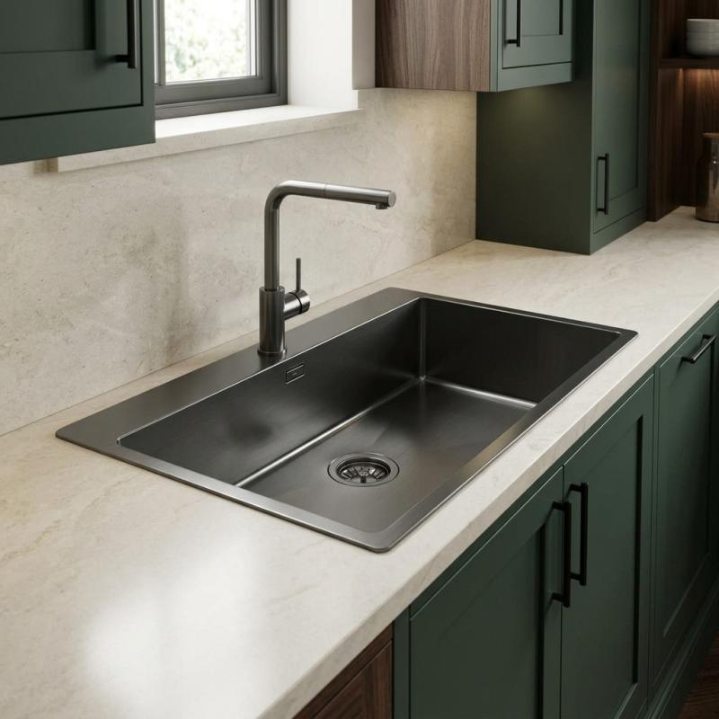 Pure.Sink Comfort Gun metal Grote Spoelbak 75x40cm Tapwing met kraanopening PCM7540T-61
